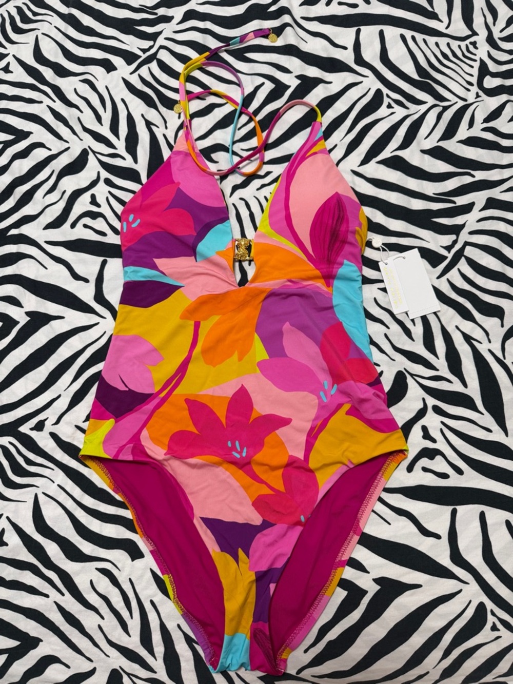 Woman’s Floral Halter One-Piece Swimsuit - Multi Pink